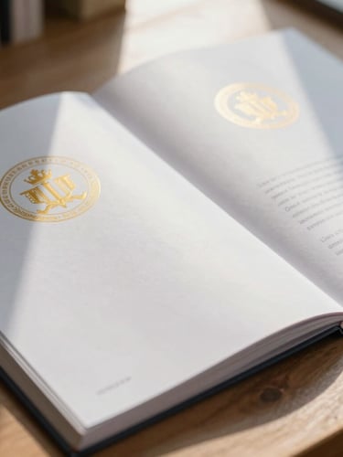 A close-up of printed physical curriculum handbooks with elegant gold emblems on a wooden table, natural morning light.