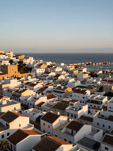 Wide panoramic aerial view of Tangier's coastal neighborhoods at golden hour, dense white-walled medina rooftops cascading toward the Mediterranean, the port visible in the far right third, warm amber light raking across terracotta tiles, expansive sky above