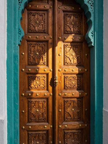 Close architectural view of a tall carved wooden Moroccan riad door, deep teal-painted frame with intricate geometric brass nailheads, warm golden-hour sidelight raking across the carved relief, shallow depth of field, left edge kissing the frame