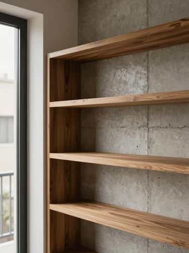 Wide environmental view of a built-in shelving unit meeting a concrete wall in a Lima apartment, soft north-facing window light from the left, close crop on the corner joint where custom wood panel meets existing plaster, natural daylight, no props