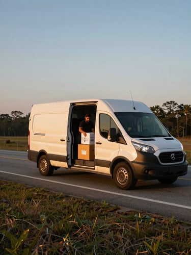 Cargo van parked roadside at dusk on a South Carolina two-lane highway, rear doors open, driver transferring a labeled parcel under golden-hour light, wide environmental framing