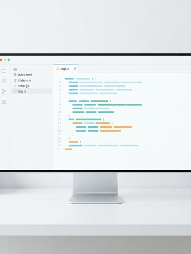 Minimalist high-fidelity UI mockup of a code editor on a crisp white screen, bright high-key studio light, clean workspace setup