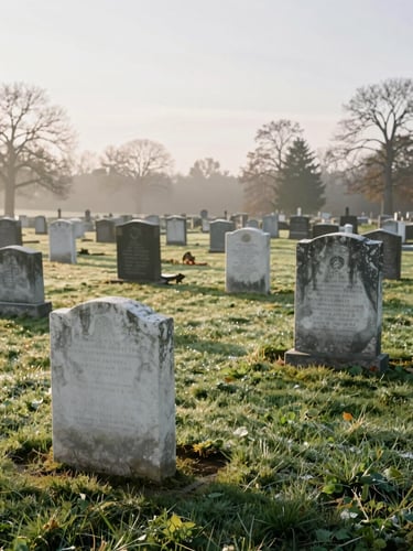 Wide, respectful environmental composition of a historic, peaceful cemetery at sunrise, soft morning light illuminating weathered marble headstones, dew on the grass, no harsh shadows.