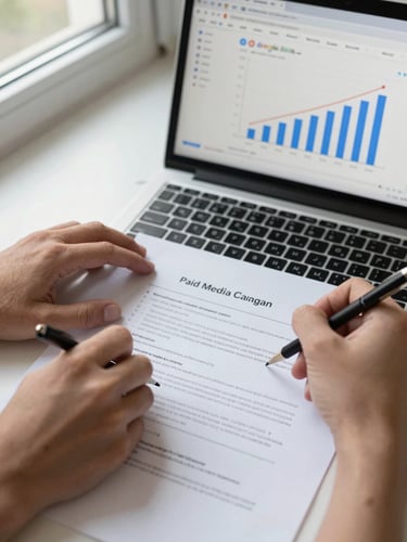 Close-up of hands annotating a paid-media campaign brief on paper, laptop open to a Google Ads dashboard showing rising conversion graph, clean daylight from a side window, overhead angle, campaign metrics visible on screen