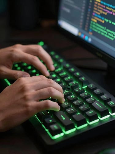 Close-up action shot of a teenager's hands typing code on a mechanical keyboard, illuminated by the vibrant green glow of a screen, sharp focus, dark background.