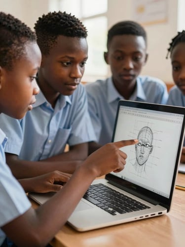 Close-up dynamic shot of African high school students huddled over a laptop in a bright classroom, pointing at a wireframe sketch on screen, natural sunlight