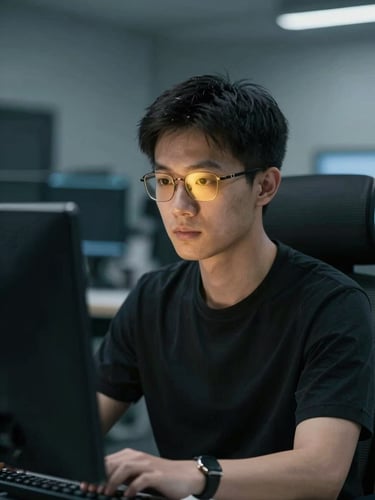 Portrait framing, close-up of a cybersecurity analyst working in a low-light secure facility, cool desaturated tones, sharp gold accent lighting, shallow depth of field, 35mm.