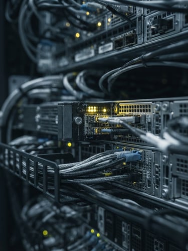Macro close-up of high-end server rack infrastructure with cool desaturated tones and sharp gold indicator lights, shallow depth of field, 35mm