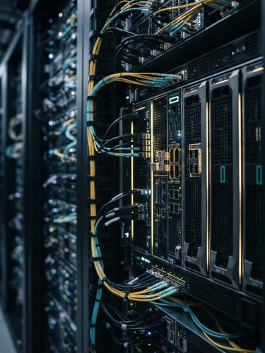 Portrait framing, close-up of high-end server infrastructure with cool desaturated tones and sharp gold accent lighting, shallow depth of field, 35mm.