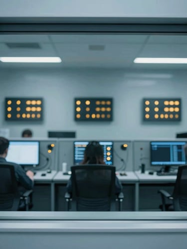 Portrait framing, clean architectural shot of a modern security operations center, cool desaturated blue tones, amber indicators, shallow depth of field, 35mm.