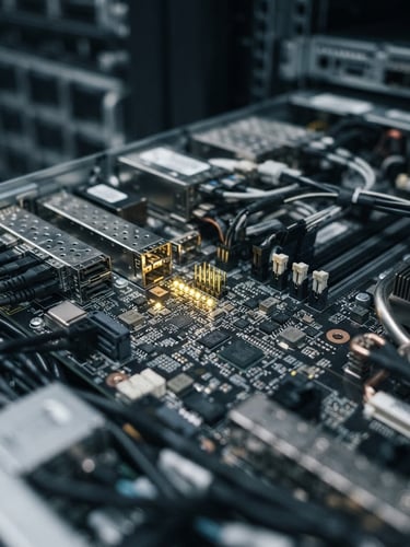 Macro close-up of high-end server infrastructure, cool desaturated tones, sharp gold indicator lights, shallow depth of field, 35mm