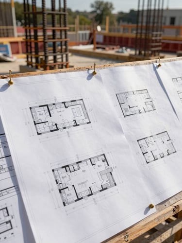 Wide environmental shot of a working drawing set pinned to a site board on an active construction site, blueprint sheets visible with dimension annotations, natural daylight, rebar and formwork in the background out of focus, no people in frame