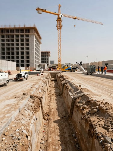 Wide environmental shot of a large UAE construction site at midday, below-grade utility trenches running parallel to the building foundation walls in the foreground, tower crane in the background mid-lift, active concrete pour crew visible at the far right, documentary framing with no correction