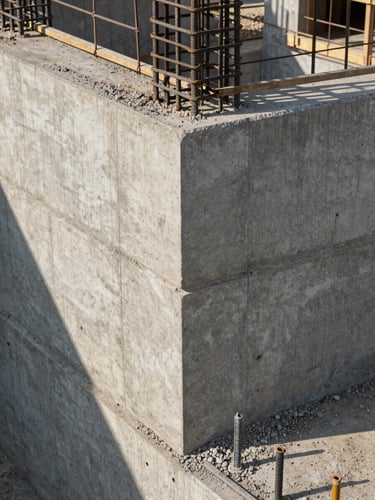 Close-up wide shot of a concrete wall junction and rebar cage intersection on an active Dubai construction site, morning daylight casting sharp shadows across the steel ties and aggregate surface, focus on the material transition between two poured sections, no people, technical framing showing structural detail