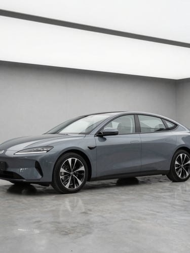 A clean slate-gray modern sedan parked on a polished concrete floor inside a minimalist warehouse bay, crisp overcast daylight, sharp 50mm lens