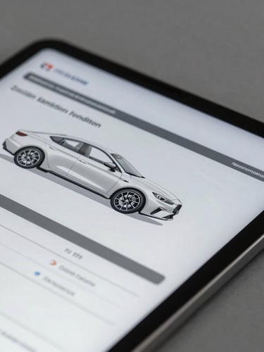 Detailed close-up of a digital tablet displaying an official automotive condition report with structural diagrams, neutral slate background, crisp lighting