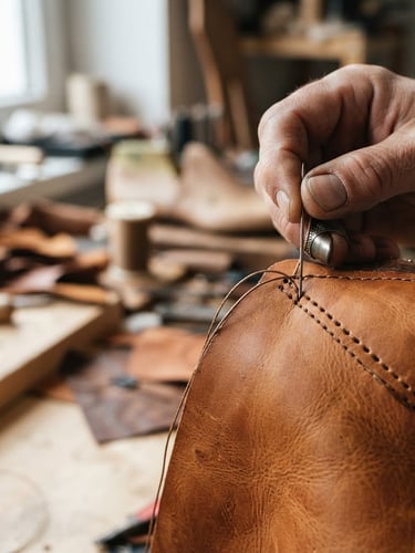 Close-up of a skilled hand guiding a needle through thick, tan leather stitching on a shoe upper, natural workshop light, rich leather tones, sharp focus, generous negative space on the left.
