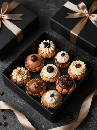 Overhead flatlay of a luxury black corporate gift box containing artisanal pastries and premium coffee beans, champagne gold ribbon, side-lighting, moody atmosphere.
