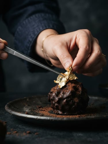 Moody close-up of a pastry chef placing a delicate edible gold leaf on a dark chocolate truffle, side-lit, dark graphite background, rich textures, shallow depth of field.