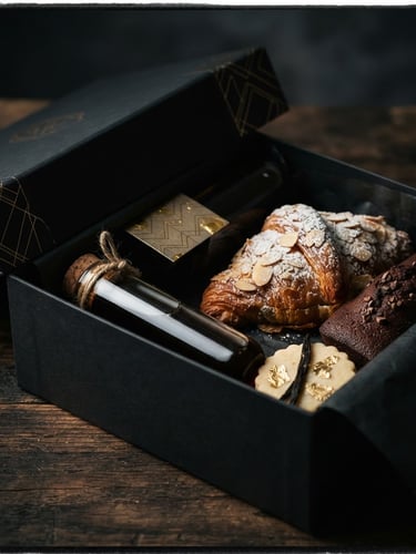 Macro shot of a luxury matte black corporate gift box with gold foil branding, partially open to reveal artisanal pastries and a glass vial of cold brew coffee, dramatic side-lighting highlighting textures