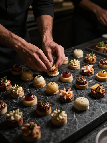 Hands of a professional culinary team arranging gourmet appetizers on a dark marble surface, focused lighting, high-end catering prep.