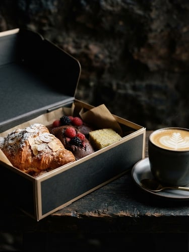 Moody food photography, low-key dramatic side-lighting. A close-up of a meticulously styled gourmet box with artisanal pastries and fresh coffee, champagne gold accents, deep graphite background.