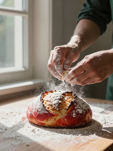 A baker dusting flour over a freshly shaped sourdough loaf, hands covered in flour, soft morning window light, high-contrast shadows.