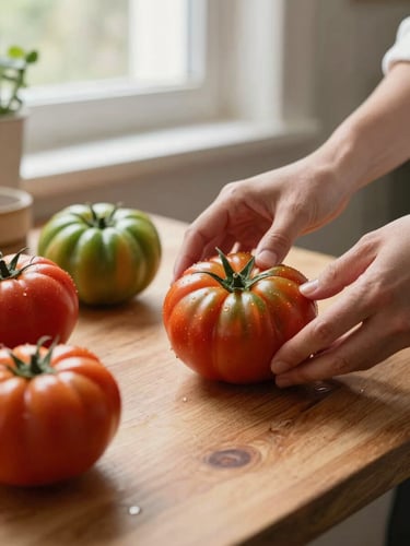 Close-up of hands arranging fresh heirloom tomatoes on a wooden table, soft natural window light, rustic kitchen setting.