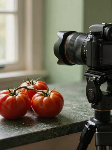 A professional camera setup on a tripod shooting a close-up of heirloom tomatoes on a dark stone counter, warm side lighting, soft green tones.