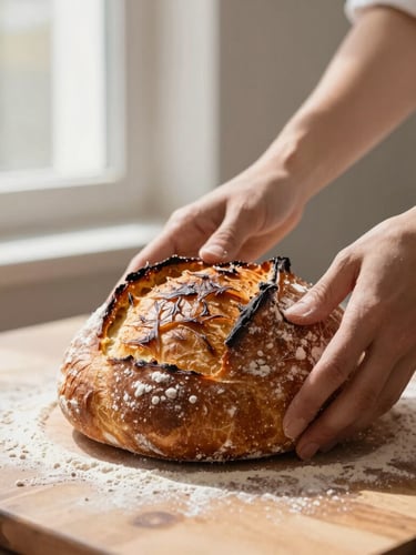 Hands of the baker dusting flour over a deeply caramelized sourdough boule on a wooden table, soft side-lit window daylight, high contrast