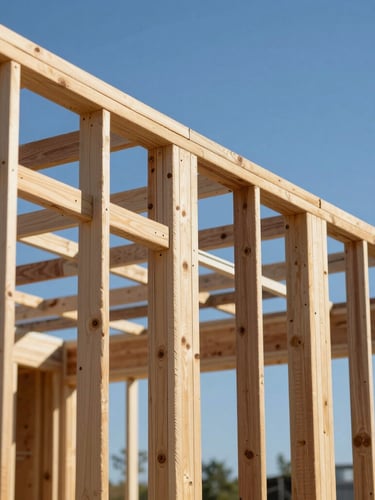 Close-up of a modern residential renovation under construction in New Jersey, showing exposed clean structural wood framing against a bright blue sky, natural daylight