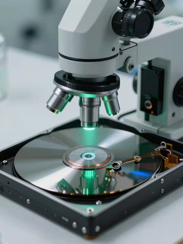 Primer plano macro de un plato de disco duro desmontado bajo la lente de un microscopio en un laboratorio estéril, iluminación verde neón y azul eléctrico.