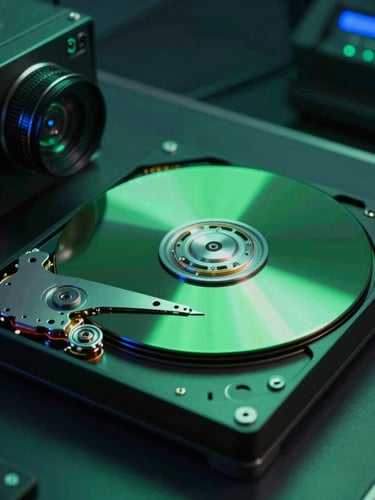 Primer plano de un cabezal de lectura láser sobre un plato de disco duro desmontado en cámara limpia, iluminación de contraste verde neón y azul eléctrico, estilo Matrix corporativo.