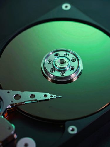 Macro close-up of a disassembled hard drive platter in a cleanroom laboratory, glowing neon green and cyan edge-lighting, high-contrast dramatic lighting, technical atmosphere.