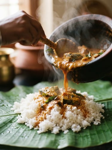 Close-up macro shot of steaming regional curry poured over white rice on a fresh banana leaf, warm morning window light, shallow depth of field, 35mm