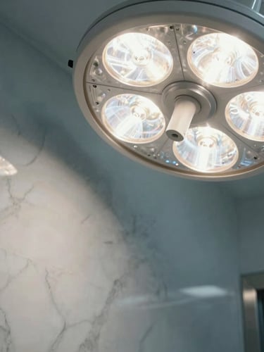 Extreme close-up of a high-CRI clinical light reflecting off polished marble and clean steel surfaces in a sterile clinic lobby