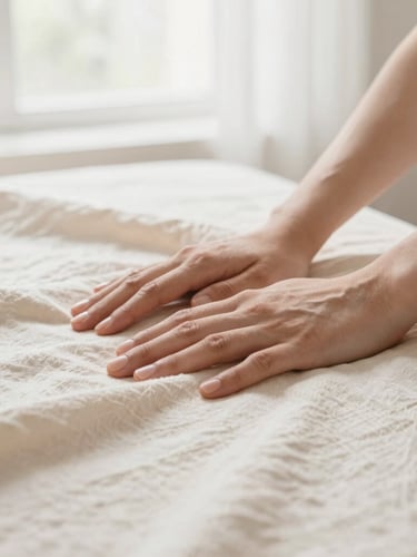 A practitioner's hands resting gently on a soft cream linen fabric, warm morning light filtering through a window, serene atmosphere