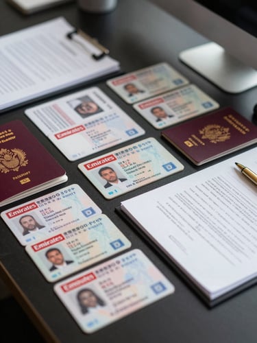 Overhead close-up of an organized office desk in controlled daylight — passports, Emirates ID cards, and official stamped forms arranged in neat overlapping rows on a dark surface, a single gold pen resting at the edge of an open document folder, no people visible