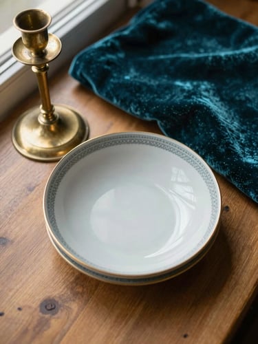 Close-up overhead flat lay of thrifted vintage objects — a brass candlestick, a patterned ceramic bowl, a folded velvet textile in deep teal, arranged on a warm wooden surface under soft natural window light