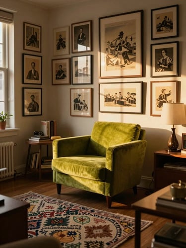 Wide environmental shot of a densely layered DC apartment living room, golden-hour light raking across a lime-green velvet chair and a gallery wall of vintage prints, warm tungsten glow, pattern-clash textiles visible in foreground