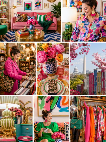 Eclectic home decor collage featuring colorful maximalist interiors, vibrant fashion, and Washington DC city views.