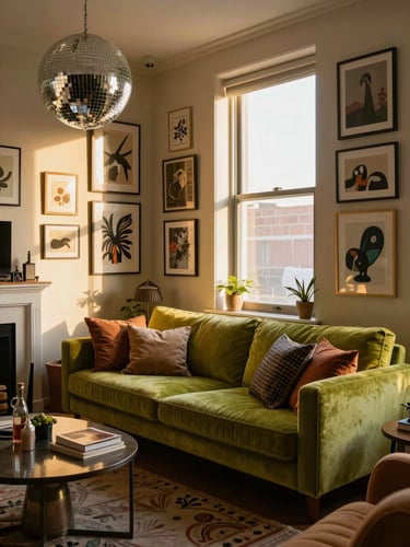 Wide interior shot of a densely layered DC apartment living room, golden-hour light flooding through a tall window onto a lime-green velvet sofa surrounded by mismatched vintage cushions, a disco-ball detail catching the light in the upper left, warm tungsten glow on a gallery wall of eclectic art prints