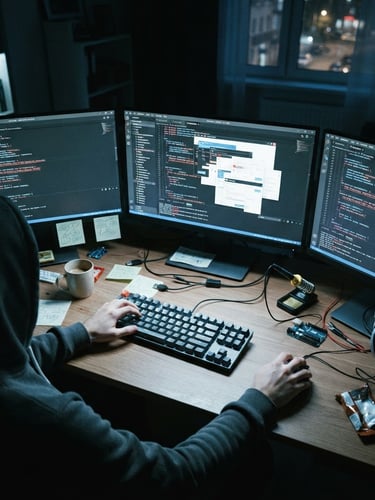 High-angle shot of a developer's desk at night, multiple monitors displaying code editors with syntax errors and a messy UI component, mechanical keyboard, strong harsh screen glow illuminating hands, dim ambient room light, realistic 35mm film grain.