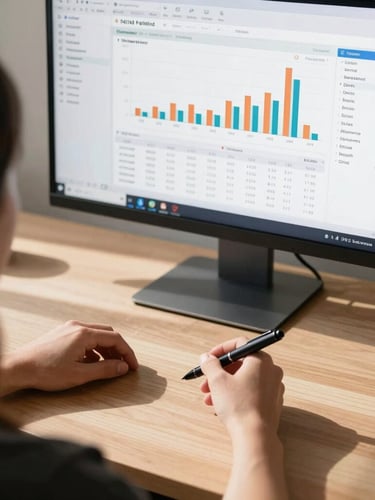 Over-the-shoulder view of a clean financial dashboard on a sleek monitor, natural morning light casting sharp shadows across a minimalist oak desk, hands holding a tactile black pen, high contrast daylight, modern workspace.