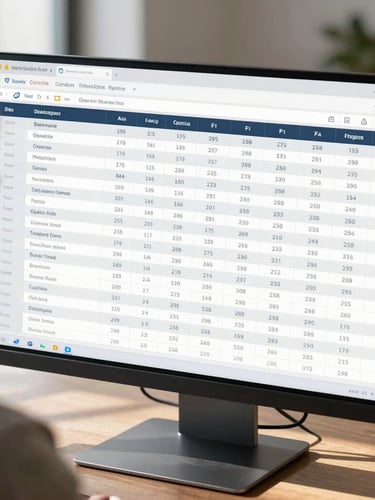 Over-the-shoulder view of a clean, structured financial dashboard on a modern display, bright natural daylight, sharp shadows, focusing on precise tabular data.