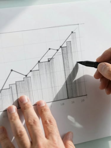 Close-up of hands sketching a structured financial forecasting chart on a white glass board, crisp daylight casting clean geometric shadows.