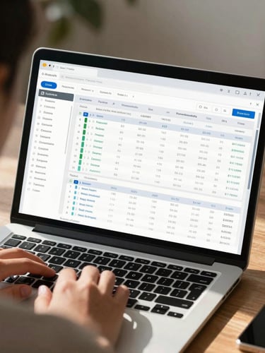 An over-the-shoulder close-up of collaborative work, showcasing a clean financial modeling dashboard on a laptop screen with natural daylight casting soft shadows.