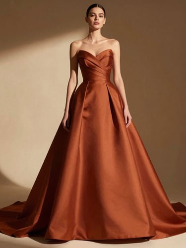Low-angle heroic full-body shot of a model wearing a highly structured terracotta bridal gown, dramatic natural light casting golden hour shadows, medium format editorial fashion photography