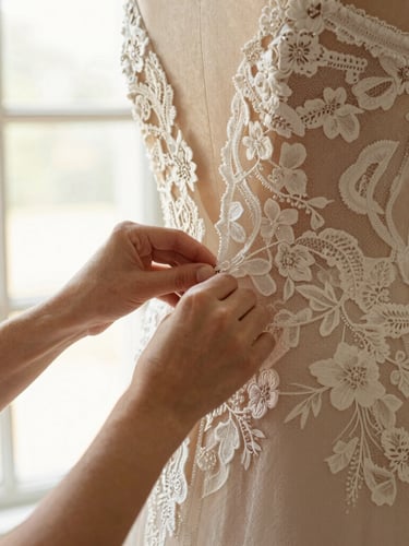 Close-up of a stylist's hands adjusting delicate lace on a bridal gown during a fitting, warm natural window light, elegant depth of field, ivory and champagne tones, 35mm