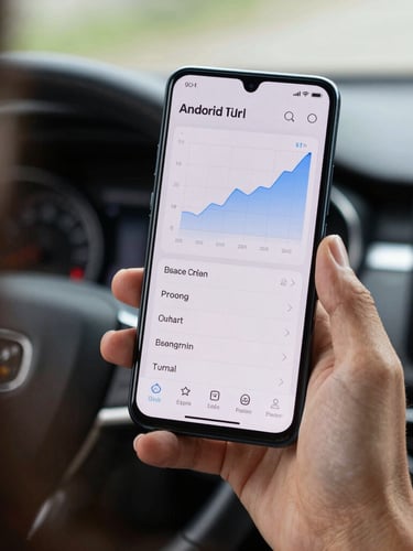 Over-the-shoulder perspective of a hand holding a modern Android phone in natural daylight, showing a clean dashboard interface with high-contrast data graphs.